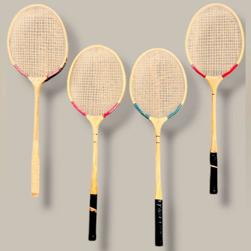 4 Vintage Wooden Badminton Rackets.